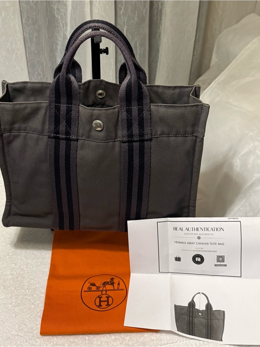 HERMES Fourre  Toute Gray Canvas Mini Tote Bag with Gray Straps Dark Stripe